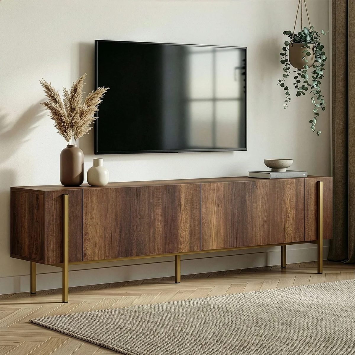 Mueble de TV y salón en madera de nogal con patas doradas