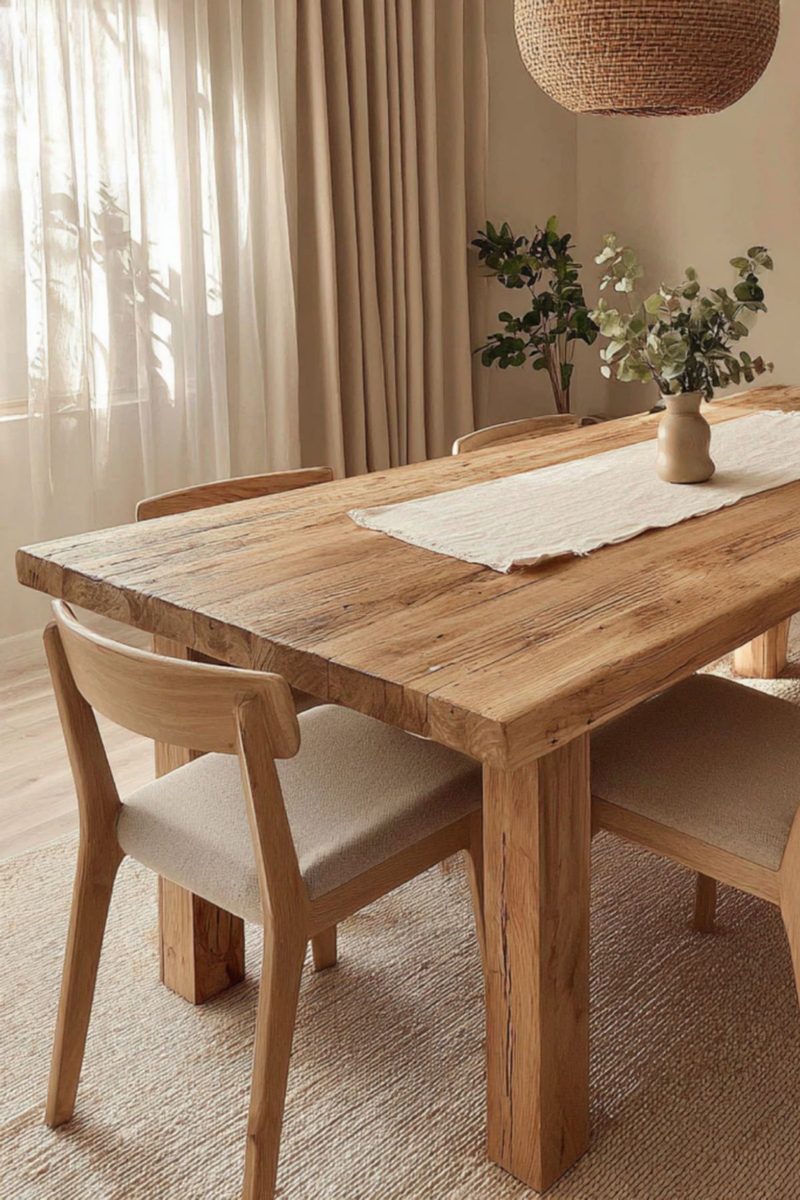 Mesa de comedor de madera maciza con sillas tapizadas