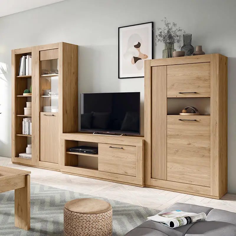 Mueble de salón modular en roble con vitrina y módulo de TV
